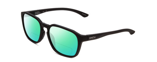 Profile View of Smith Optics Contour Designer Polarized Reading Sunglasses with Custom Cut Powered Green Mirror Lenses in Matte Black Unisex Square Full Rim Acetate 56 mm
