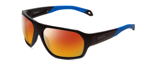 Profile View of Smith Optics Deckboss Designer Polarized Sunglasses with Custom Cut Red Mirror Lenses in Matte Black Blue Unisex Rectangle Full Rim Acetate 63 mm