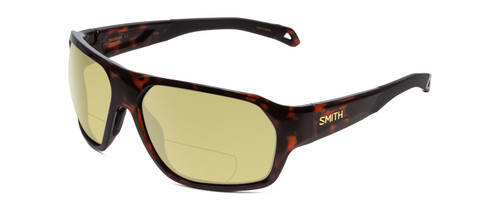 Profile View of Smith Optics Deckboss Designer Polarized Reading Sunglasses with Custom Cut Powered Sun Flower Yellow Lenses in Tortoise Havana Brown Gold Unisex Rectangle Full Rim Acetate 63 mm