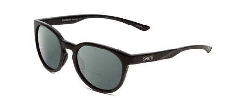 Profile View of Smith Optics Eastbank Designer Polarized Reading Sunglasses with Custom Cut Powered Smoke Grey Lenses in Gloss Black Unisex Round Full Rim Acetate 52 mm