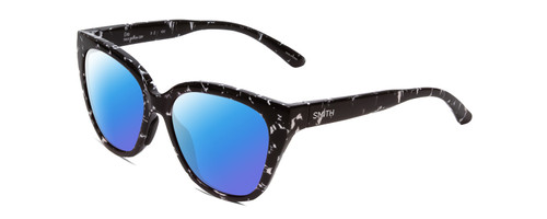 Profile View of Smith Optics Era Designer Polarized Sunglasses with Custom Cut Blue Mirror Lenses in Black Marble Tortoise Ladies Cateye Full Rim Acetate 55 mm