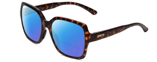 Profile View of Smith Optics Flare Designer Polarized Reading Sunglasses with Custom Cut Powered Blue Mirror Lenses in Tortoise Havana Brown Gold Ladies Oversized Full Rim Acetate 57 mm