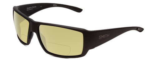 Profile View of Smith Optics Guides Choice Designer Polarized Reading Sunglasses with Custom Cut Powered Sun Flower Yellow Lenses in Matte Black Unisex Rectangle Full Rim Acetate 62 mm