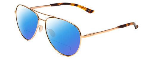 Profile View of Smith Optics Layback Designer Polarized Reading Sunglasses with Custom Cut Powered Blue Mirror Lenses in Rose Gold Unisex Pilot Full Rim Metal 60 mm