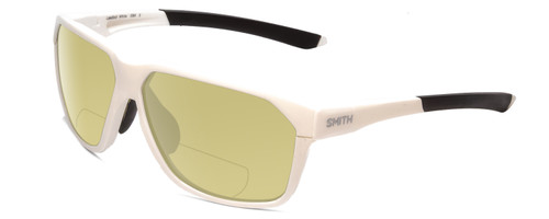Profile View of Smith Optics Leadout PivLock Designer Polarized Reading Sunglasses with Custom Cut Powered Sun Flower Yellow Lenses in White Unisex Square Full Rim Acetate 63 mm