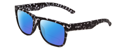 Profile View of Smith Optics Lowdown 2 Designer Polarized Reading Sunglasses with Custom Cut Powered Blue Mirror Lenses in Matte Black Marble Tortoise Unisex Classic Full Rim Acetate 55 mm
