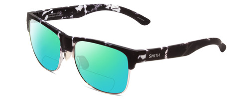 Profile View of Smith Optics Lowdown Split Designer Polarized Reading Sunglasses with Custom Cut Powered Green Mirror Lenses in Matte Black Marble Tortoise Unisex Classic Semi-Rimless Acetate 56 mm