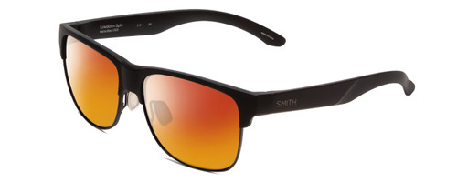 Profile View of Smith Optics Lowdown Split Designer Polarized Sunglasses with Custom Cut Red Mirror Lenses in Matte Black Unisex Classic Semi-Rimless Acetate 56 mm
