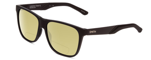 Profile View of Smith Optics Lowdown Steel XL Designer Polarized Reading Sunglasses with Custom Cut Powered Sun Flower Yellow Lenses in Matte Black Unisex Classic Full Rim Acetate 59 mm