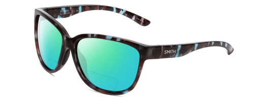 Profile View of Smith Optics Monterey Designer Polarized Reading Sunglasses with Custom Cut Powered Green Mirror Lenses in Sky Tortoise Havana Marble Brown Ladies Cateye Full Rim Acetate 58 mm