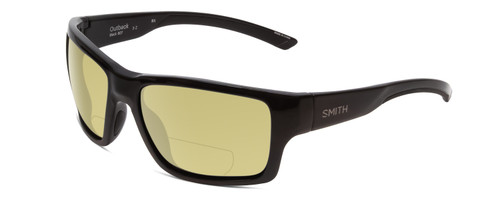 Profile View of Smith Optics Outback Designer Polarized Reading Sunglasses with Custom Cut Powered Sun Flower Yellow Lenses in Gloss Black Unisex Square Full Rim Acetate 59 mm