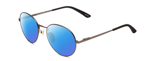 Profile View of Smith Optics Prep Designer Polarized Sunglasses with Custom Cut Blue Mirror Lenses in Matte Gun Metal Silver Unisex Round Full Rim Metal 53 mm