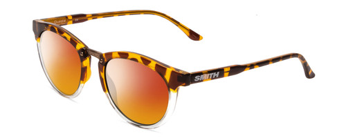 Profile View of Smith Optics Questa Designer Polarized Sunglasses with Custom Cut Red Mirror Lenses in Amber Brown Tortoise Ladies Round Full Rim Acetate 50 mm