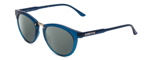 Profile View of Smith Optics Questa Designer Polarized Reading Sunglasses with Custom Cut Powered Smoke Grey Lenses in Cool Blue Crystal Ladies Round Full Rim Acetate 50 mm