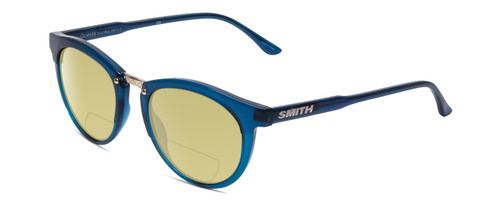 Profile View of Smith Optics Questa Designer Polarized Reading Sunglasses with Custom Cut Powered Sun Flower Yellow Lenses in Cool Blue Crystal Ladies Round Full Rim Acetate 50 mm