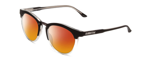 Profile View of Smith Optics Questa Designer Polarized Sunglasses with Custom Cut Red Mirror Lenses in Matte Black Crystal Ladies Round Full Rim Acetate 50 mm