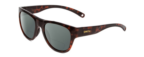 Profile View of Smith Optics Rockaway Designer Polarized Reading Sunglasses with Custom Cut Powered Smoke Grey Lenses in Tortoise Havana Gold Ladies Cateye Full Rim Acetate 52 mm