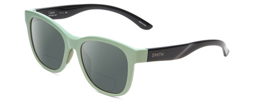 Profile View of Smith Optics Caper Designer Polarized Reading Sunglasses with Custom Cut Powered Smoke Grey Lenses in Saltwater Green Blue Ladies Cateye Full Rim Acetate 53 mm