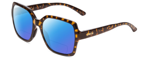 Profile View of Smith Optics Flare Designer Polarized Reading Sunglasses with Custom Cut Powered Blue Mirror Lenses in Vintage Tortoise Havana Gold Ladies Oversized Full Rim Acetate 57 mm