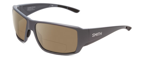 Profile View of Smith Optics Guides Choice Designer Polarized Reading Sunglasses with Custom Cut Powered Amber Brown Lenses in Matte Cement Grey Unisex Rectangle Full Rim Acetate 62 mm