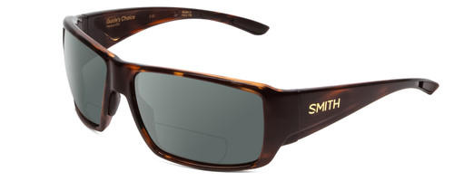 Profile View of Smith Optics Guides Choice Designer Polarized Reading Sunglasses with Custom Cut Powered Smoke Grey Lenses in Tortoise Havana Brown Gold Unisex Rectangle Full Rim Acetate 62 mm