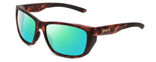 Profile View of Smith Optics Longfin Designer Polarized Reading Sunglasses with Custom Cut Powered Green Mirror Lenses in Matte Tortoise Havana Gold Unisex Wrap Full Rim Acetate 59 mm