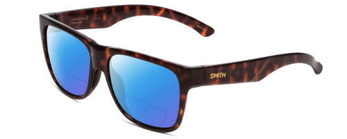 Profile View of Smith Optics Lowdown 2 Designer Polarized Reading Sunglasses with Custom Cut Powered Blue Mirror Lenses in Tortoise Havana Gold Unisex Classic Full Rim Acetate 55 mm
