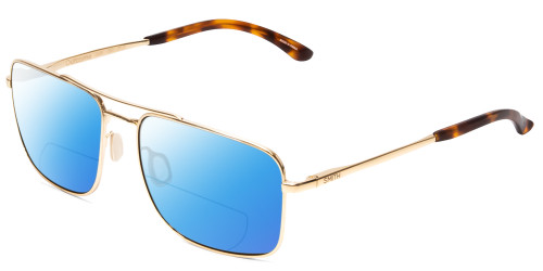 Profile View of Smith Optics Outcome Designer Polarized Reading Sunglasses with Custom Cut Powered Blue Mirror Lenses in Gold Tortoise Unisex Pilot Full Rim Metal 59 mm