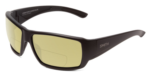 Profile View of Smith Optics Operators Choice Elite Designer Polarized Reading Sunglasses with Custom Cut Powered Sun Flower Yellow Lenses in Matte Black Unisex Wrap Full Rim Acetate 62 mm