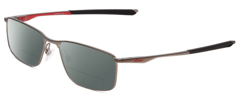 Profile View of Oakley OX3217 Designer Polarized Reading Sunglasses with Custom Cut Powered Smoke Grey Lenses in Satin Brushed Chrome/Black Mens Rectangle Full Rim Metal 53 mm