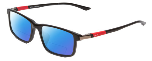 Profile View of Nike 7924AF Designer Polarized Reading Sunglasses with Custom Cut Powered Blue Mirror Lenses in Black Red  Unisex Rectangle Full Rim Metal 54 mm
