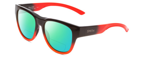 Profile View of Smith Optics Rounder Designer Polarized Reading Sunglasses with Custom Cut Powered Green Mirror Lenses in Dark Grey Carbon Black Red Unisex Round Full Rim Acetate 51 mm