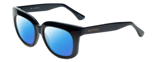 Profile View of Isaac Mizrahi IM40-10 Designer Polarized Reading Sunglasses with Custom Cut Powered Blue Mirror Lenses in Black Ladies Retro Full Rim Acetate 52 mm