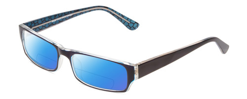 Profile View of Moda Vision 2013 Designer Polarized Reading Sunglasses with Custom Cut Powered Blue Mirror Lenses in Blue Crystal Layer Mosaic Black Unisex Rectangle Full Rim Acetate 55 mm