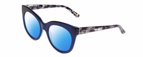 Profile View of Guess by Marciano GM0760 Designer Polarized Sunglasses with Custom Cut Blue Mirror Lenses in Crystal Blue Glitter Marble Ladies Cateye Full Rim Acetate 54 mm