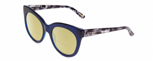 Profile View of Guess by Marciano GM0760 Designer Polarized Reading Sunglasses with Custom Cut Powered Sun Flower Yellow Lenses in Crystal Blue Glitter Marble Ladies Cateye Full Rim Acetate 54 mm
