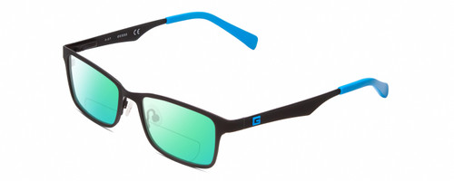 Profile View of Guess GU9143 Designer Polarized Reading Sunglasses with Custom Cut Powered Green Mirror Lenses in Matte Black Blue Tips Unisex Rectangle Full Rim Metal 48 mm