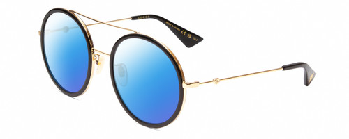 Profile View of Gucci GG0061S Designer Polarized Sunglasses with Custom Cut Blue Mirror Lenses in Gold/Black Ladies Round Full Rim Metal 56 mm