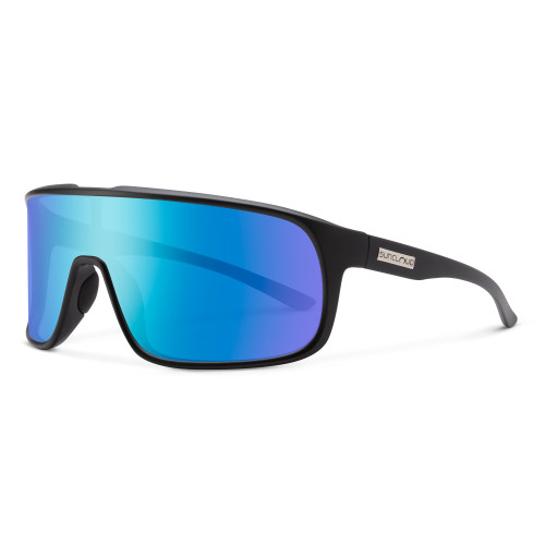 Profile View of Suncloud Double Up Pit Viper Style Full Rim Sport Shield Sunglasses in Matte Black with Polar Blue Mirror