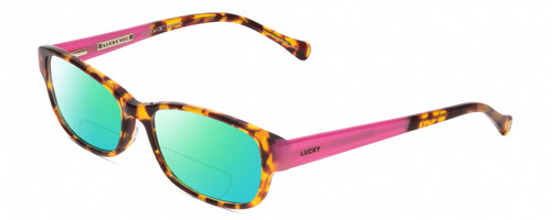 Profile View of Lucky Brand Lunada Designer Polarized Reading Sunglasses with Custom Cut Powered Green Mirror Lenses in Havana Tokyo Tortoise Brown Gold Pink Ladies Cat Eye Full Rim Acetate 53 mm