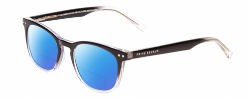Profile View of Prive Revaux Show Off Single Designer Polarized Reading Sunglasses with Custom Cut Powered Blue Mirror Lenses in Black Ombre Clear Crystal Ladies Round Full Rim Acetate 48 mm