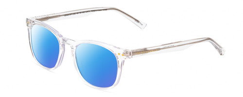 Profile View of Prive Revaux Show Off Single Designer Polarized Sunglasses with Custom Cut Blue Mirror Lenses in Clear Crystal Ladies Round Full Rim Acetate 48 mm