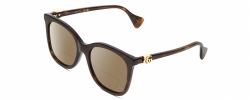 Profile View of GUCCI GG1071S Designer Polarized Reading Sunglasses with Custom Cut Powered Amber Brown Lenses in Tortoise Havana Brown Gold Ladies Cat Eye Full Rim Acetate 55 mm