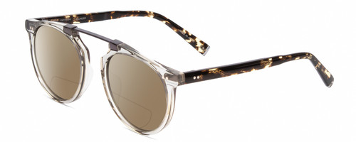 Profile View of John Varvatos V602 Designer Polarized Reading Sunglasses with Custom Cut Powered Amber Brown Lenses in Grey Crystal /Gunmetal/Tortoise Unisex Round Full Rim Acetate 52 mm