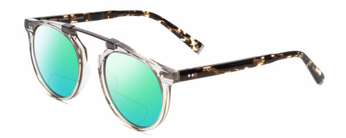 Profile View of John Varvatos V602 Designer Polarized Reading Sunglasses with Custom Cut Powered Green Mirror Lenses in Grey Crystal /Gunmetal/Tortoise Unisex Round Full Rim Acetate 52 mm