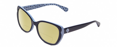 Profile View of KATE SPADE AUGUSTA Designer Polarized Reading Sunglasses with Custom Cut Powered Sun Flower Yellow Lenses in Light Blue/Navy Floral Ladies Cat Eye Full Rim Acetate 54 mm