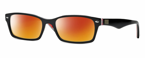 Profile View of Ray-Ban RX5206 Designer Polarized Sunglasses with Custom Cut Red Mirror Lenses in Black Layer Crystal Red Logo Unisex Rectangular Full Rim Acetate 52 mm