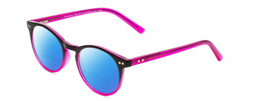 Profile View of Prive Revaux Maestro Designer Polarized Reading Sunglasses with Custom Cut Powered Blue Mirror Lenses in Black Magenta Pink Crystal Fade Ladies Round Full Rim Acetate 48 mm