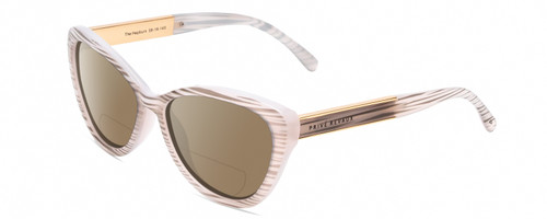 Profile View of Prive Revaux Hepburn 2.0 Designer Polarized Reading Sunglasses with Custom Cut Powered Amber Brown Lenses in Splash White Grey Marble/Gold Ladies Cateye Full Rim Acetate 56 mm