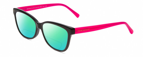 Profile View of Prive Revaux Good Notes Designer Polarized Reading Sunglasses with Custom Cut Powered Green Mirror Lenses in Caviar Black Bubblegum Pink Ladies Cateye Full Rim Acetate 56 mm